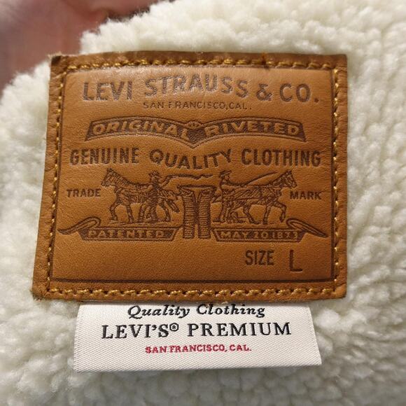 Levis Denim Trucker Jacket Womens Large Ex-Boyfriend Sherpa Sleeve Hood Premium - Picture 8 of 12